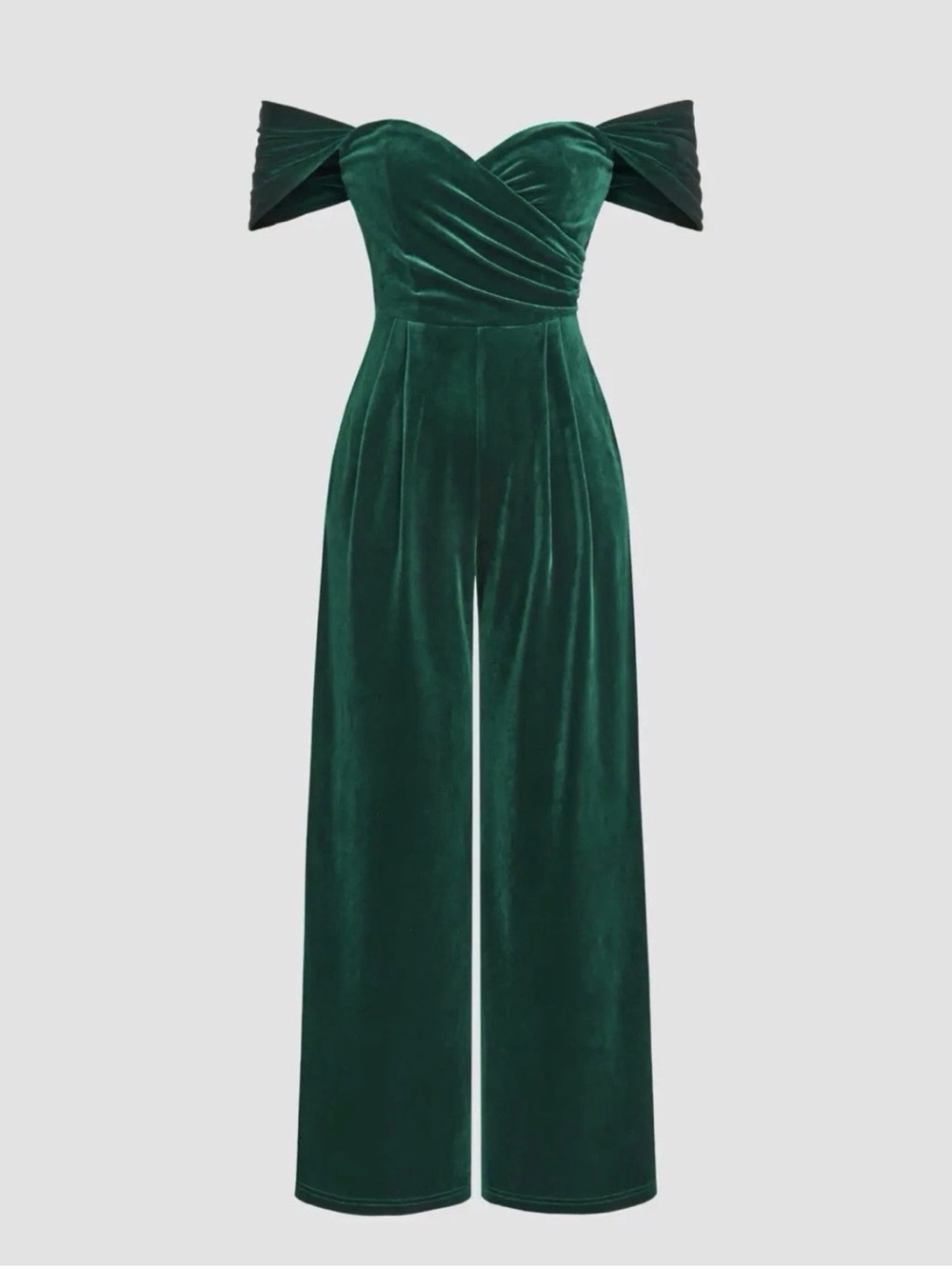Cider Off-Shoulder Velvet Wide-Leg Jumpsuit in Deep Green
